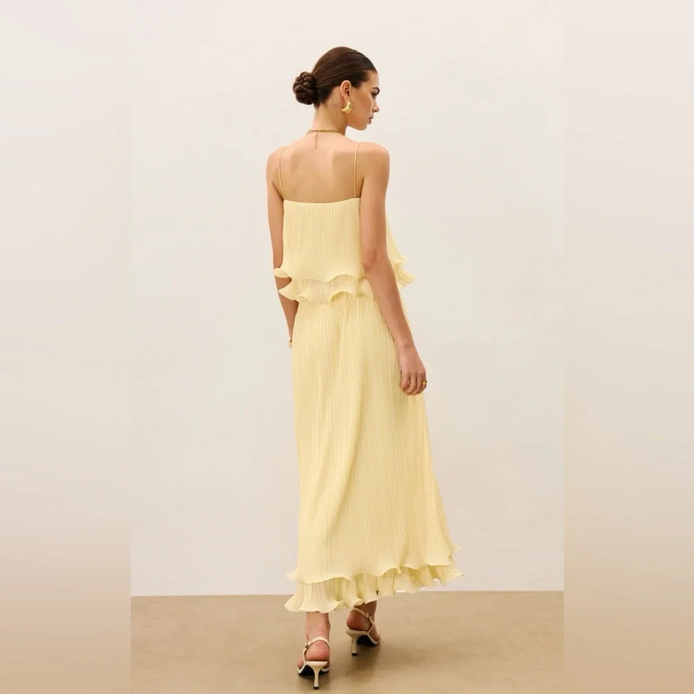 Commense Pale Yellow Pleated Maxi Dress with Ruffle Hem - Picture 3 of 4